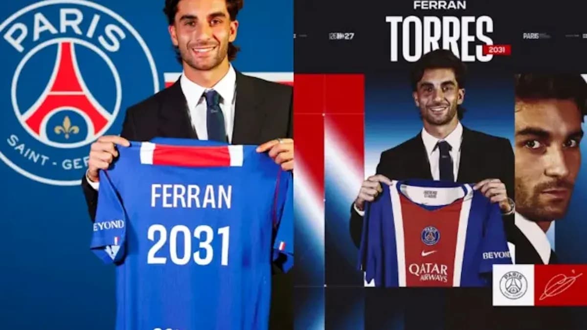 Ferran Torres mostrando camiseta de PSG en presentación Ferran Torres mostrando camiseta de PSG en presentación
