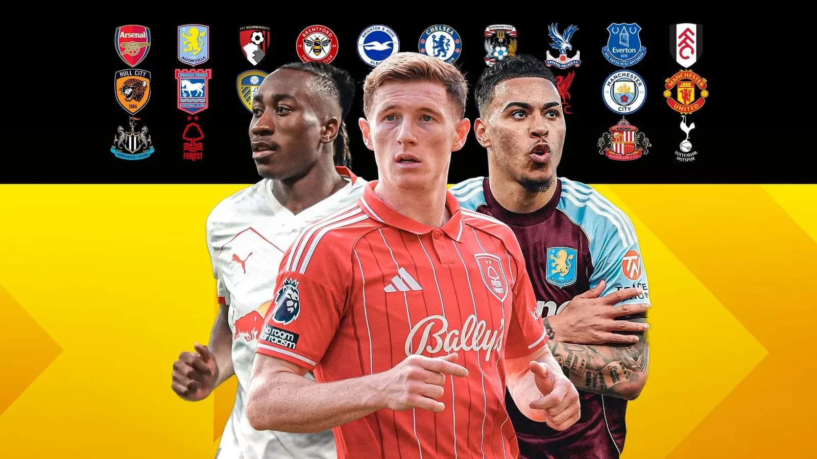 Tres jugadores de fútbol con logos de clubes atrás Tres jugadores de fútbol con logos de clubes atrás