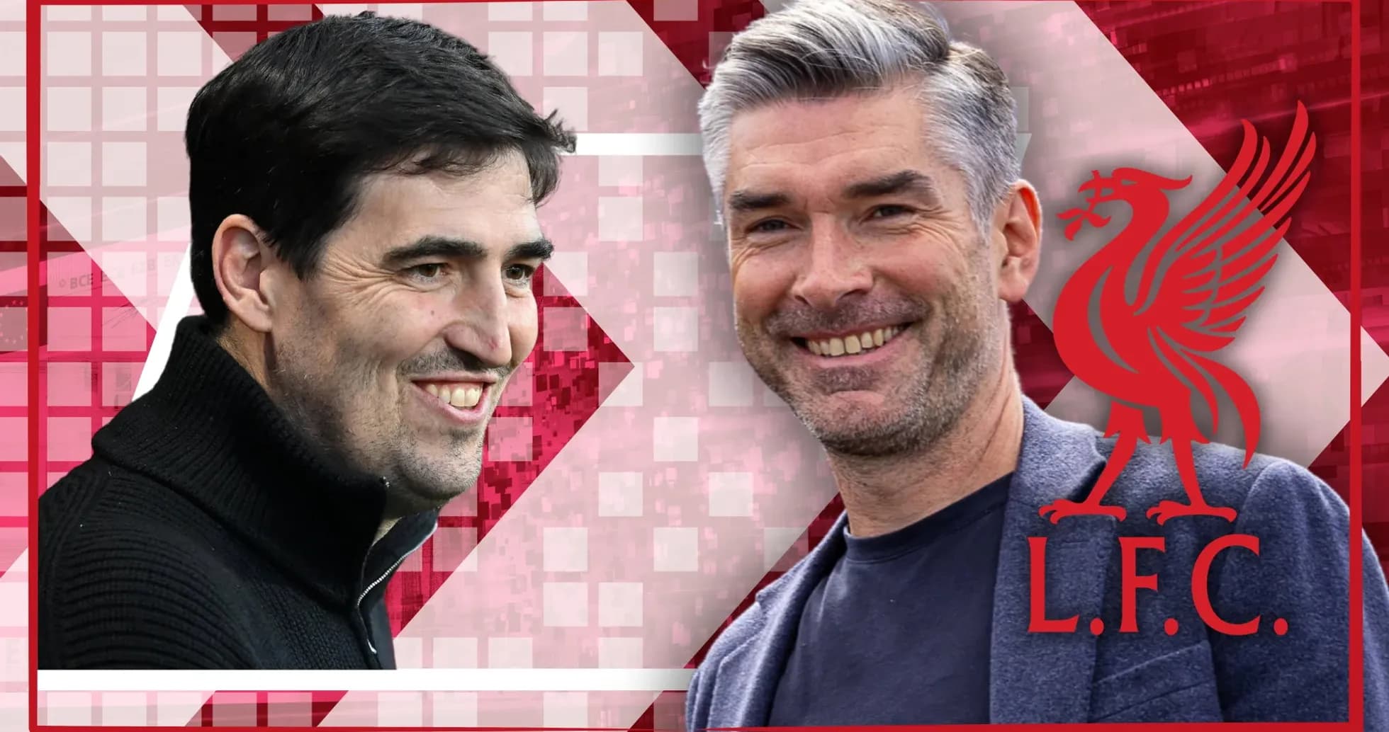 Dos entrenadores sonriendo frente al logo de Liverpool Dos entrenadores sonriendo frente al logo de Liverpool