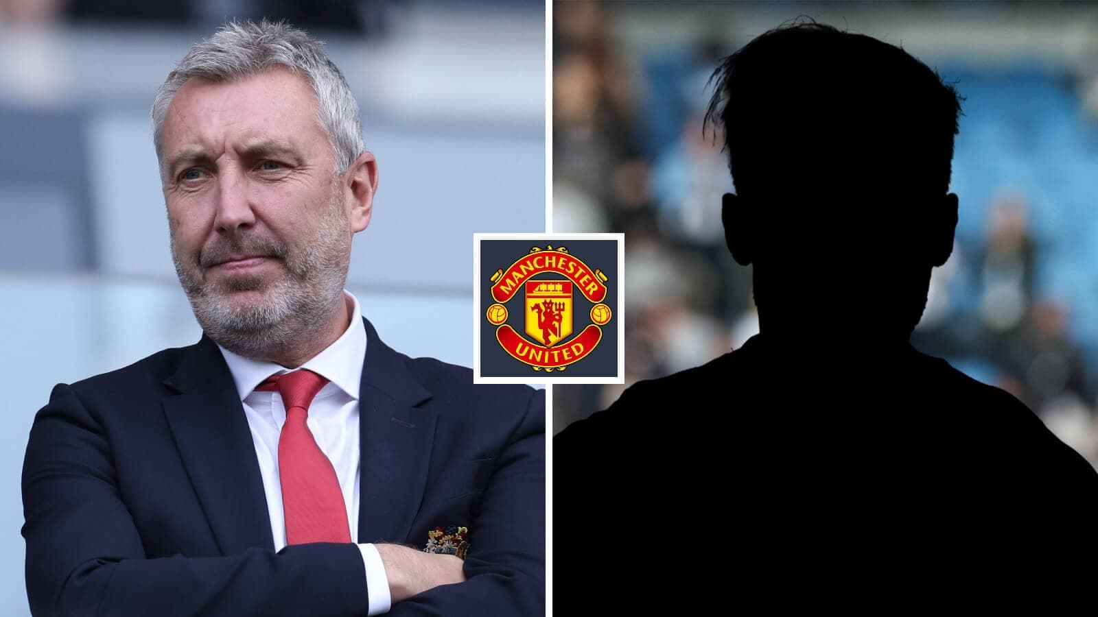 Entrenador de pie junto al logo de Manchester United Entrenador de pie junto al logo de Manchester United