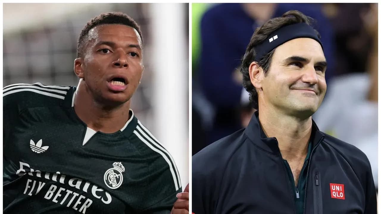 Kylian Mbappé en uniforme del Real Madrid y Roger Federer Kylian Mbappé en uniforme del Real Madrid y Roger Federer