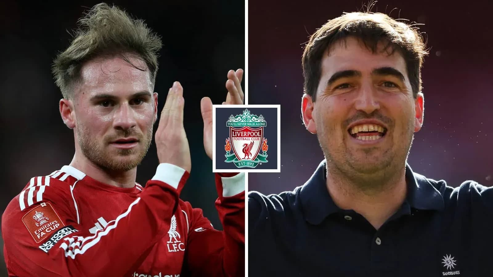 Dos jugadores de Liverpool posando con el logo del club Dos jugadores de Liverpool posando con el logo del club