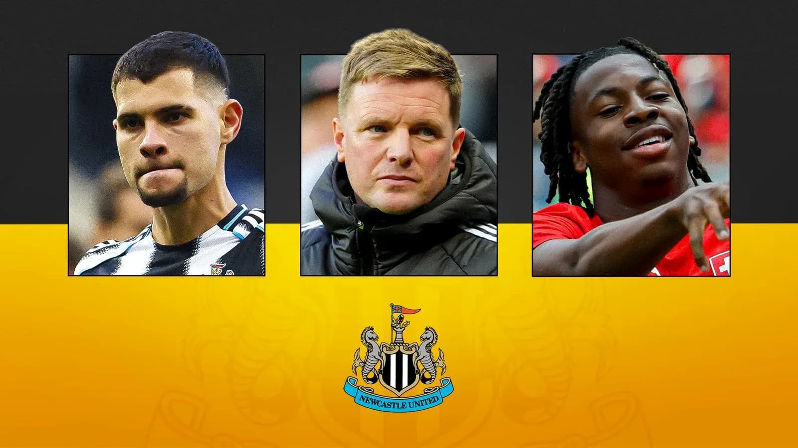 Jugadores de Newcastle United y entrenador en collage Jugadores de Newcastle United y entrenador en collage