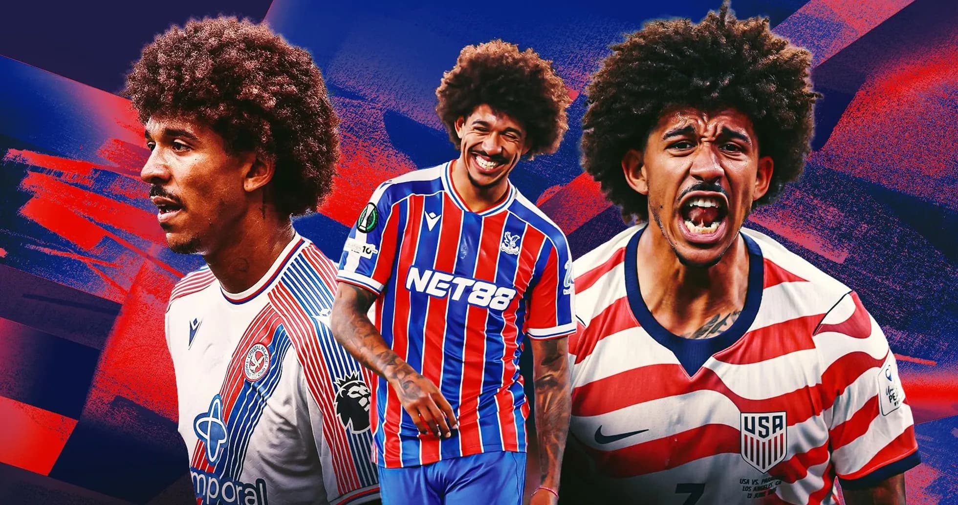 Jugador con cabello rizado en diferentes camisetas de fútbol Jugador con cabello rizado en diferentes camisetas de fútbol