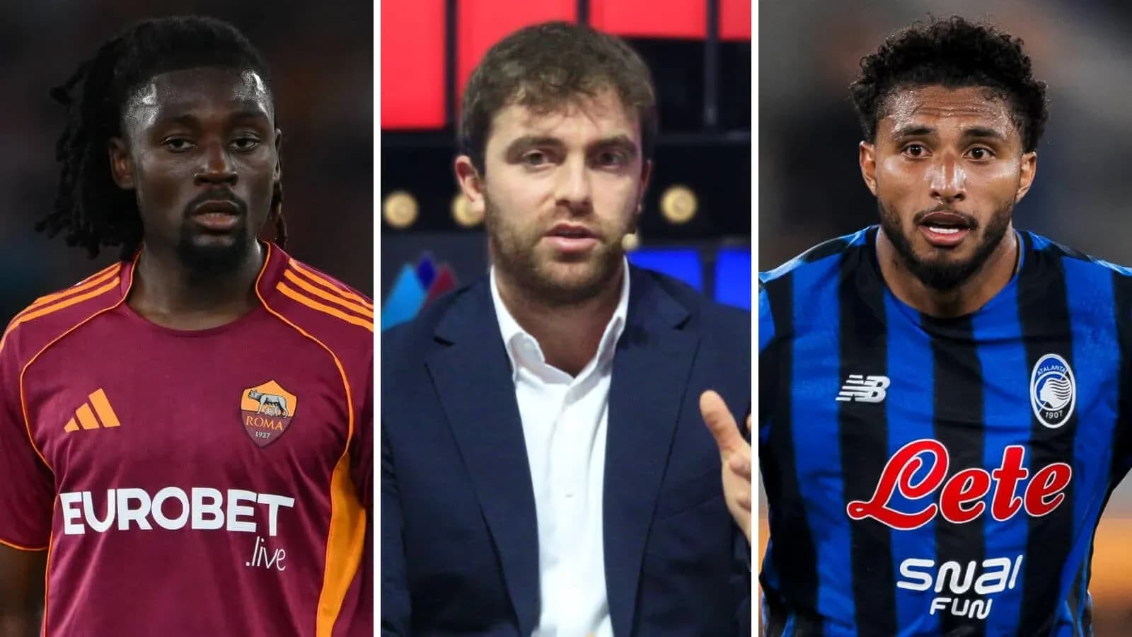 Tres personas: dos futbolistas y un comentarista Tres personas: dos futbolistas y un comentarista
