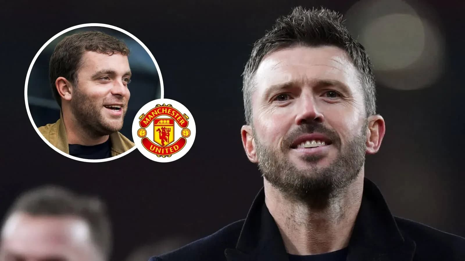 Michael Carrick sonriente con logotipo de Manchester United Michael Carrick sonriente con logotipo de Manchester United