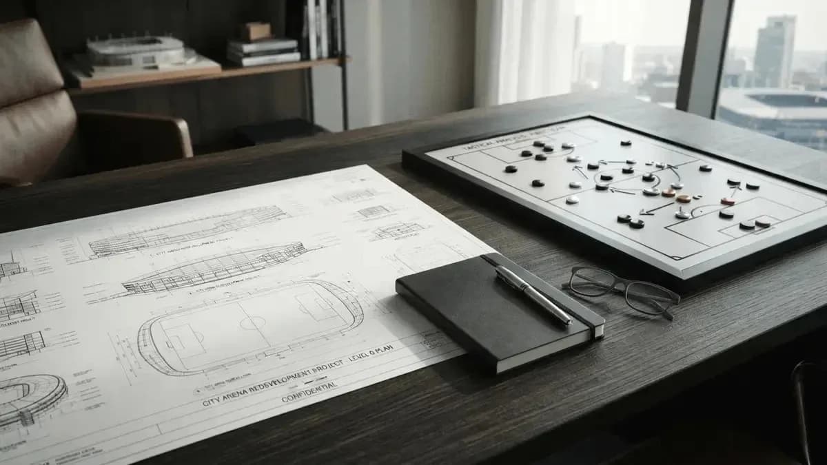 Planos y tablero táctico en mesa de oficina Planos y tablero táctico en mesa de oficina