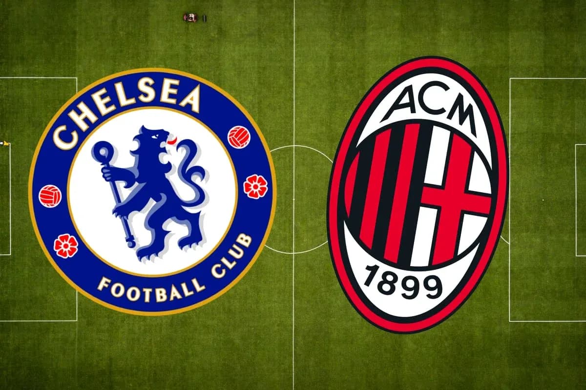 Logos de Chelsea y AC Milan sobre el campo Logos de Chelsea y AC Milan sobre el campo