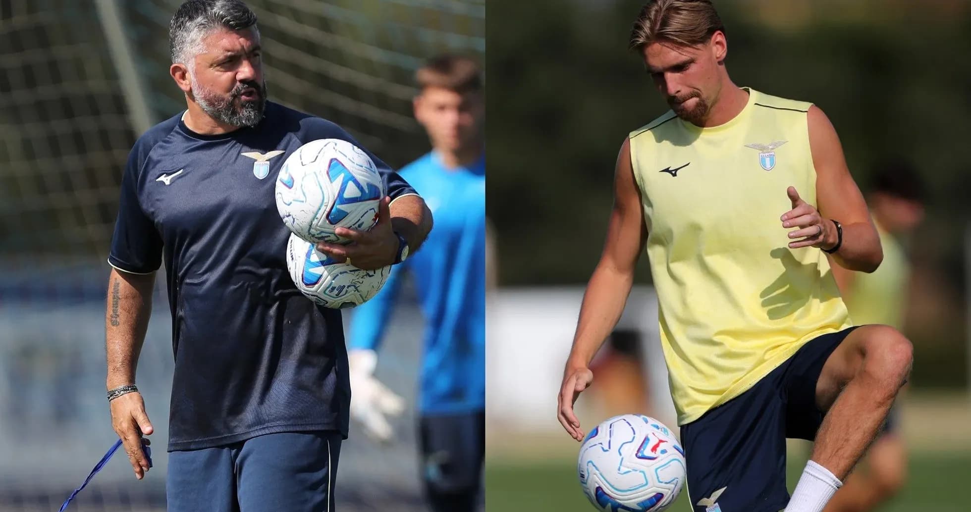 Entrenador y jugador entrenando con balón en campo Entrenador y jugador entrenando con balón en campo
