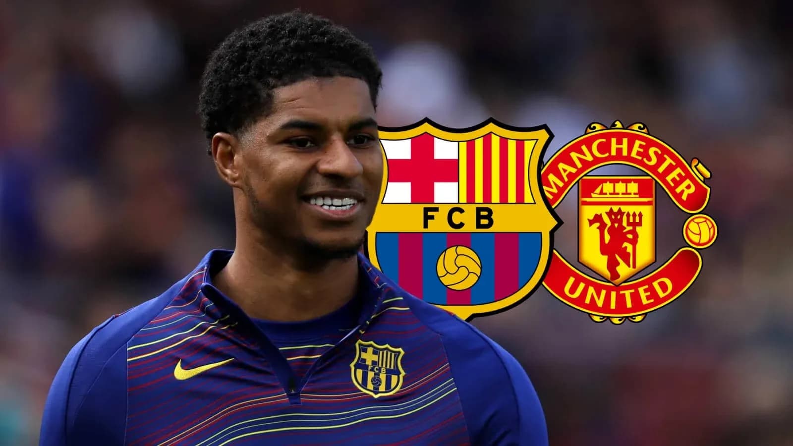 Jugador sonriendo con logos de Barcelona y Manchester United Jugador sonriendo con logos de Barcelona y Manchester United