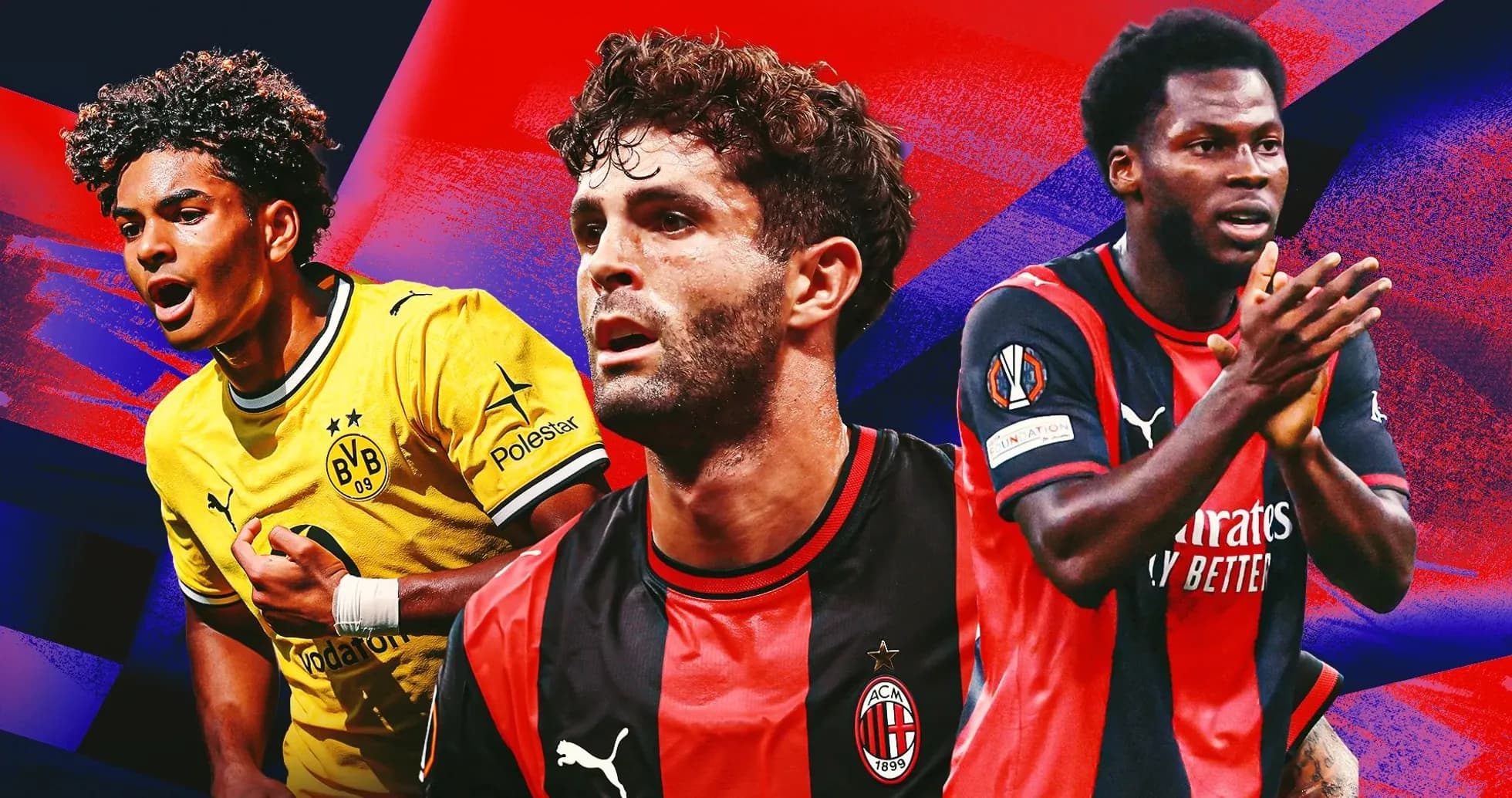 Tres jugadores de fútbol en colores vibrantes de fondo Tres jugadores de fútbol en colores vibrantes de fondo