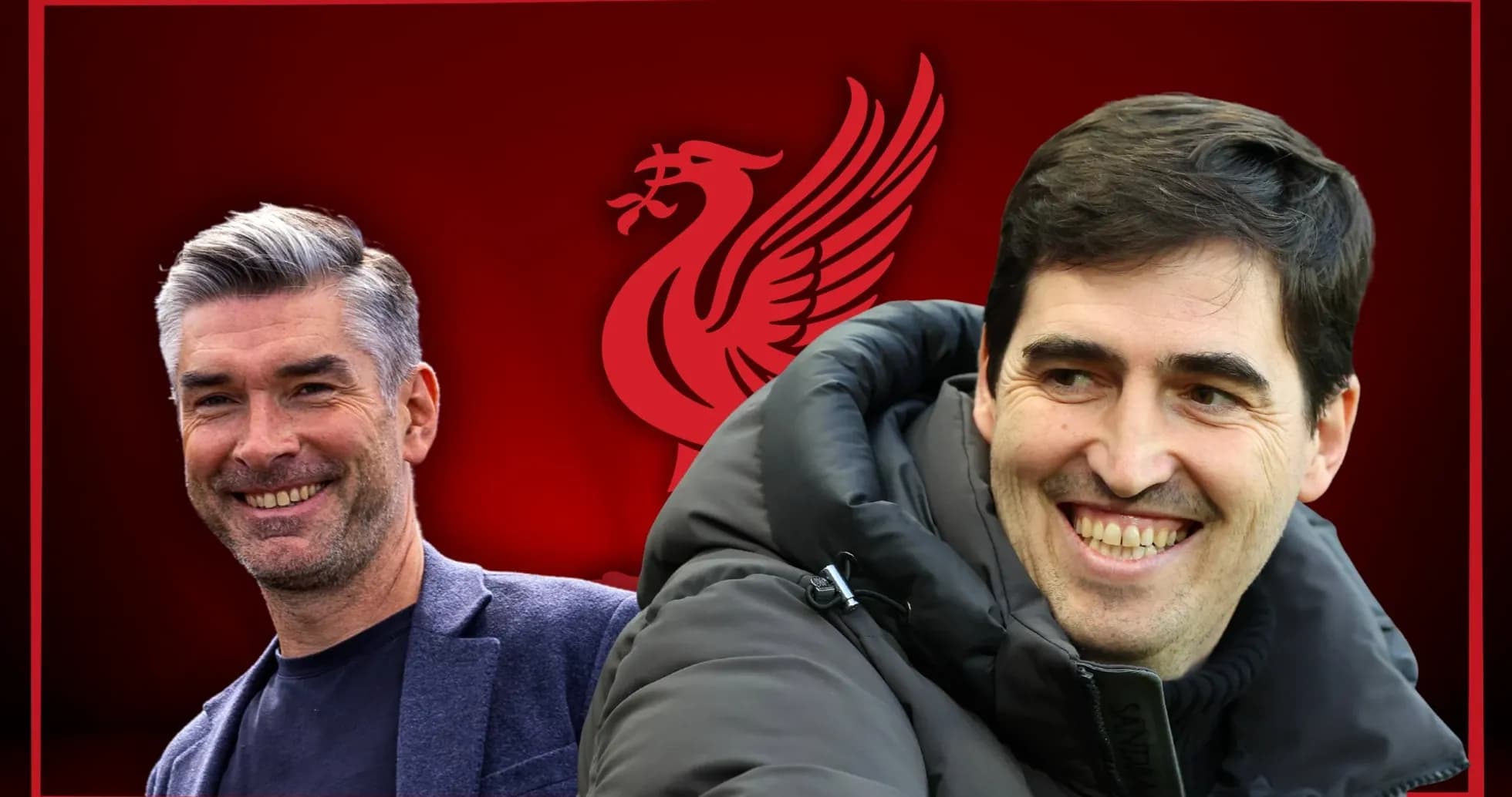Entrenadores sonriendo frente al logo de Liverpool Entrenadores sonriendo frente al logo de Liverpool