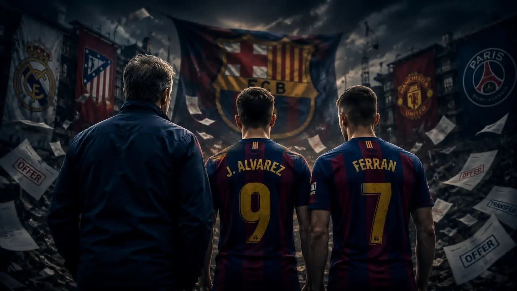 Jugadores de Barcelona frente a banderas de clubes rivales Jugadores de Barcelona frente a banderas de clubes rivales