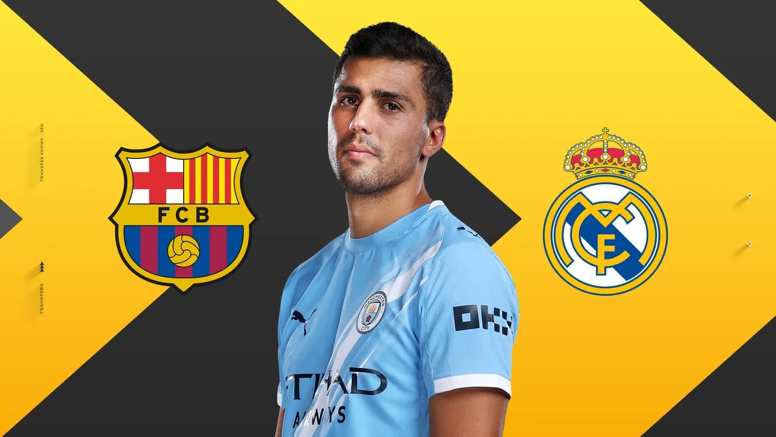 Jugador de fútbol con camisetas de Barcelona y Madrid Jugador de fútbol con camisetas de Barcelona y Madrid