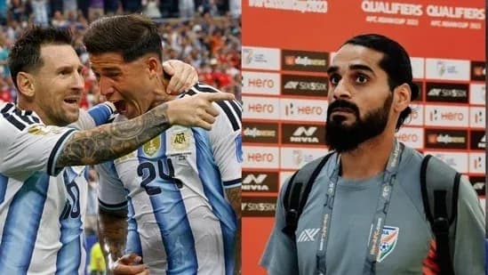 Jugadores de Argentina celebrando un gol y un periodista Jugadores de Argentina celebrando un gol y un periodista