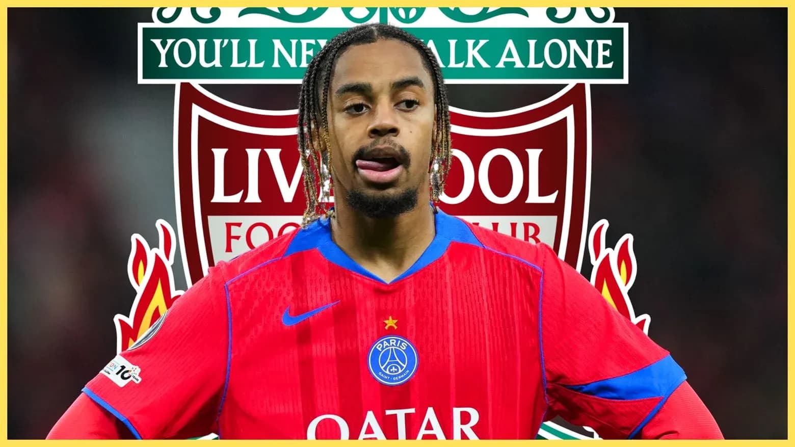 Jugador de PSG frente a logos de Liverpool Jugador de PSG frente a logos de Liverpool